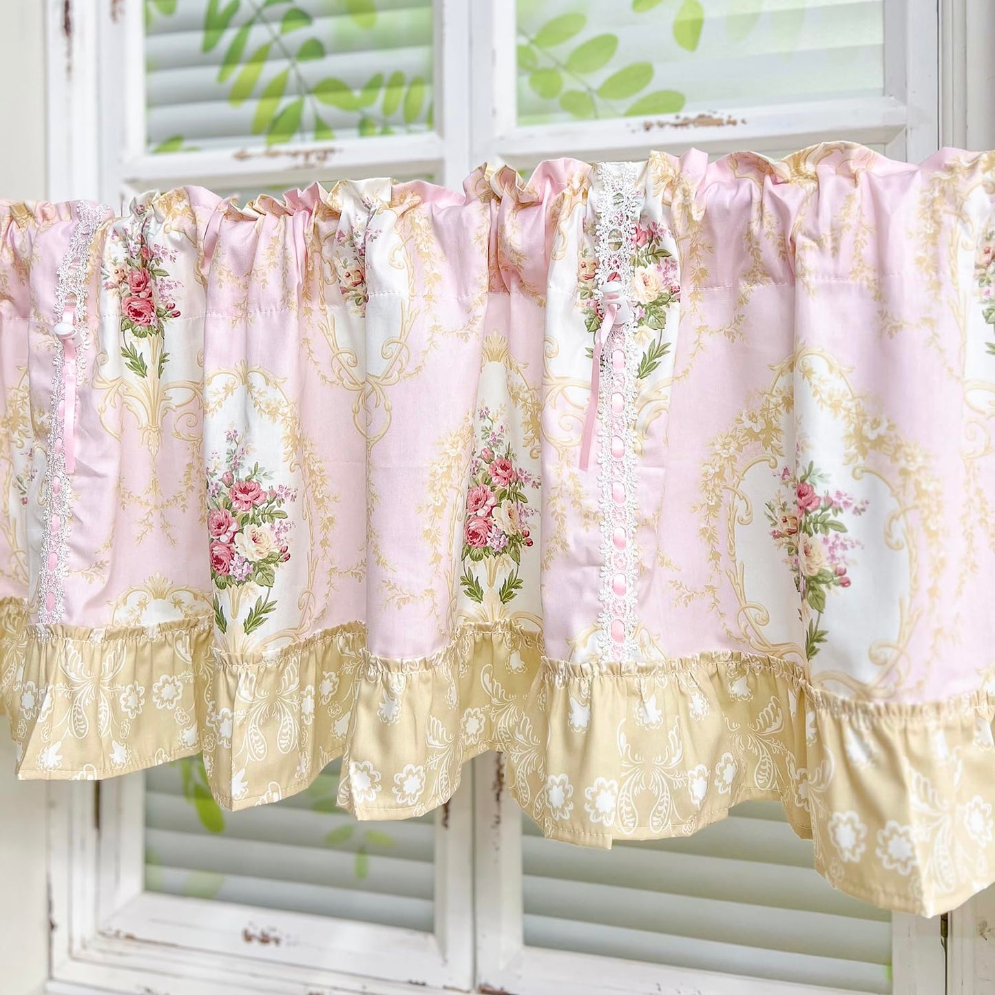 European Floral Tie Up Curtains for Kitchen Adjustable Balloon Shade Window Valance Elegant Cafe Bathroom Dining Room Window Drapes Rod Pocket 1 Panel (W59 X L16 INCH,Pink)