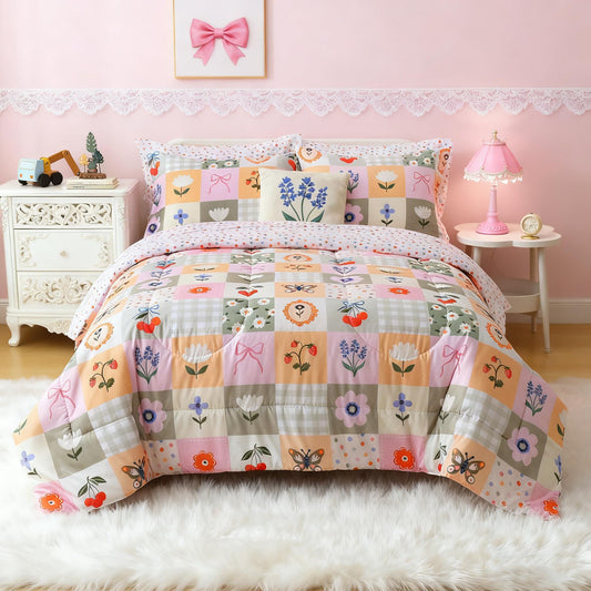 Mooreeke Kids Twin Comforter Sets for Girls 6 Pieces Floral Butterfly Bedding Set for Teens Microfiber Splice Block Flower Kids Bed in A Bag with Comforter, Sheet Set, Shams and Decorative Toy Pillow