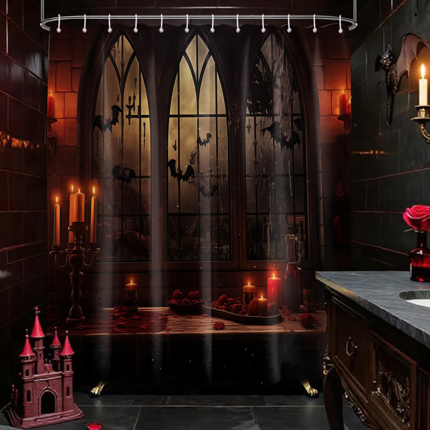 Lvetong Gothic Haunted Mansion Shower Curtain, 70" W x 72" L