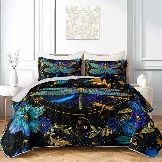AILONEN Full Quilted Comforter Set 3 Piece, Teal Blue Dragonfly Bedspread Coverlet with 2 Pillowcases, Soft Elegant Gold Floral Quilted Bedding for Teens