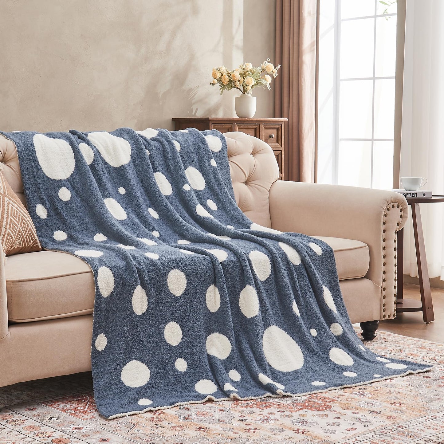 Douceur Polka Dot Throw Blanket for Couch Sofa Bed, Reversible Cozy Fluffy Super Soft Bedroom Blanket, Plush Dusty Blue Throw Blanket, 50×60 inches
