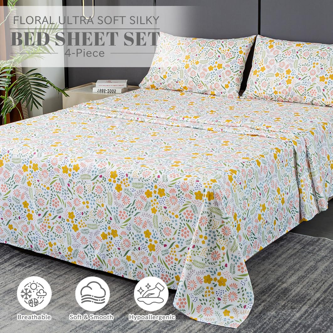 Bedlifes King Sheet Set Ultra Soft, Breathable, Silky Flower Deep Pocket 100% Microfiber Bedding, 4 Piece King Size Floral