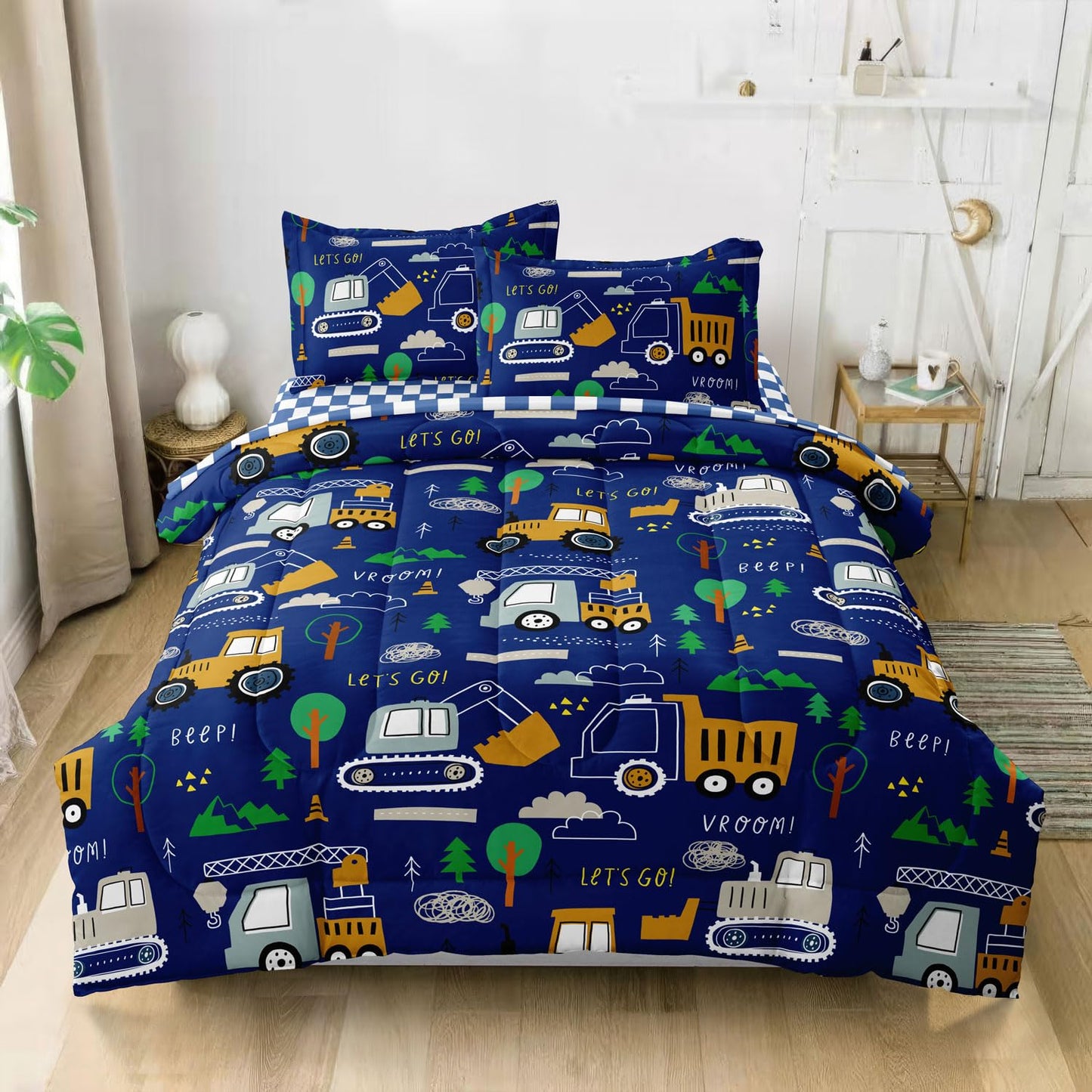 Leaflin Boys Bedding Set Twin Size, 5 Pcs Cartoon Truck Comforter, Blue