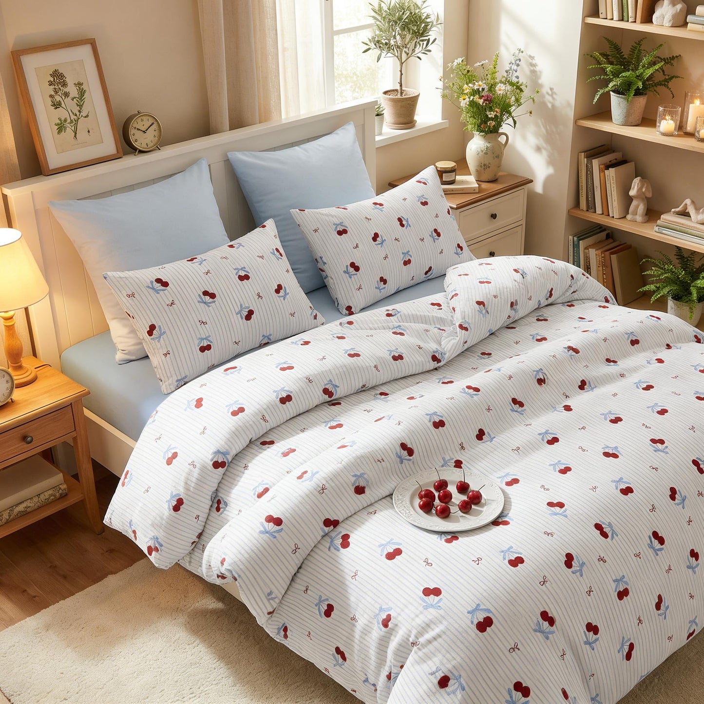 Sedefen Striped Duvet Cover Queen Size Pink Bow Cherry Duvet Cover Set Kids Boys Girls Aesthetic Blue Stripe Bows Printed on White Beddng Set Reversible Soft Breathable Microfiber 3 Pcs