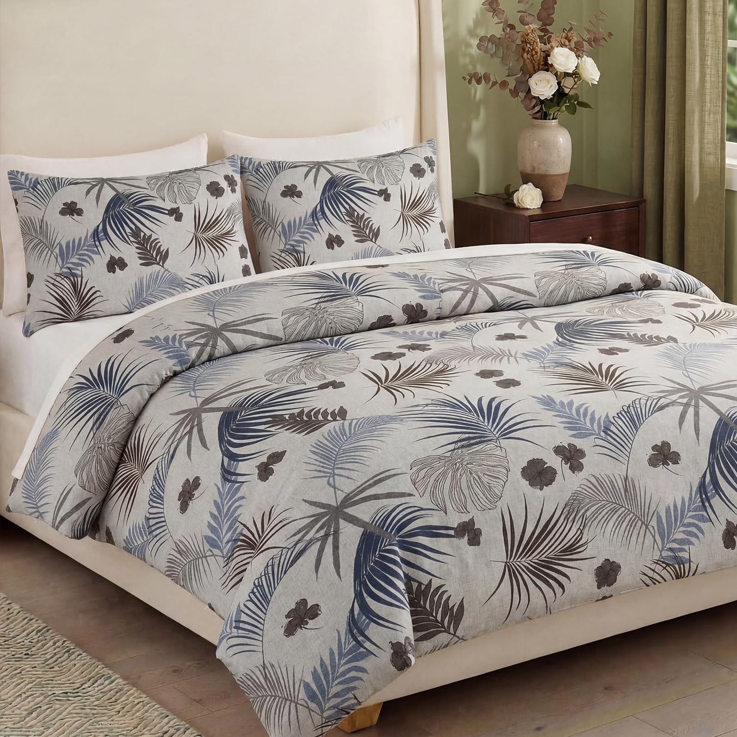 Bedorm 100% Cotton Duvet Cover Set King Vintage Floral Bedding Set Gray Blue Palm Tree Leaf Botanical Print Soft & Durable Duvet Cover with Zipper Closure