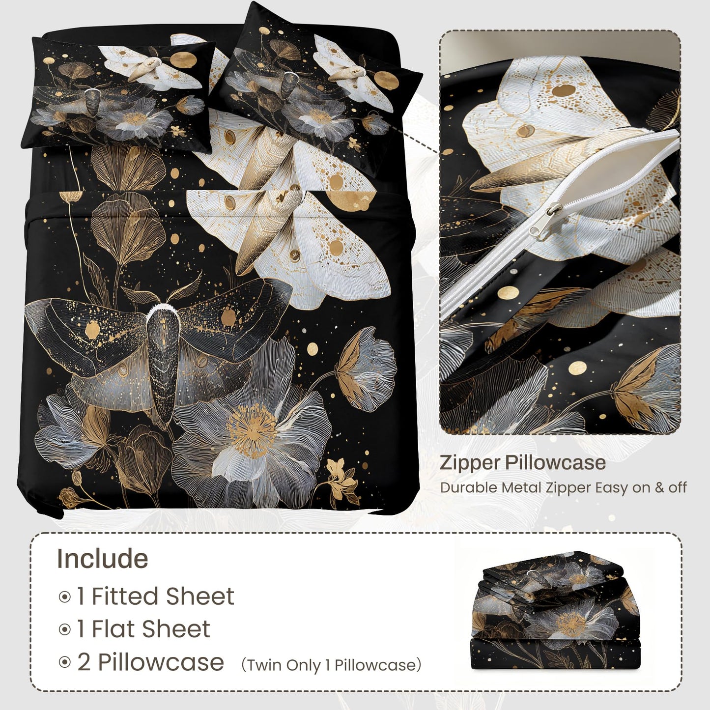 Luna Moth Full Sheet Set 4 Pcs Witchy Aesthetic Bed Sheets