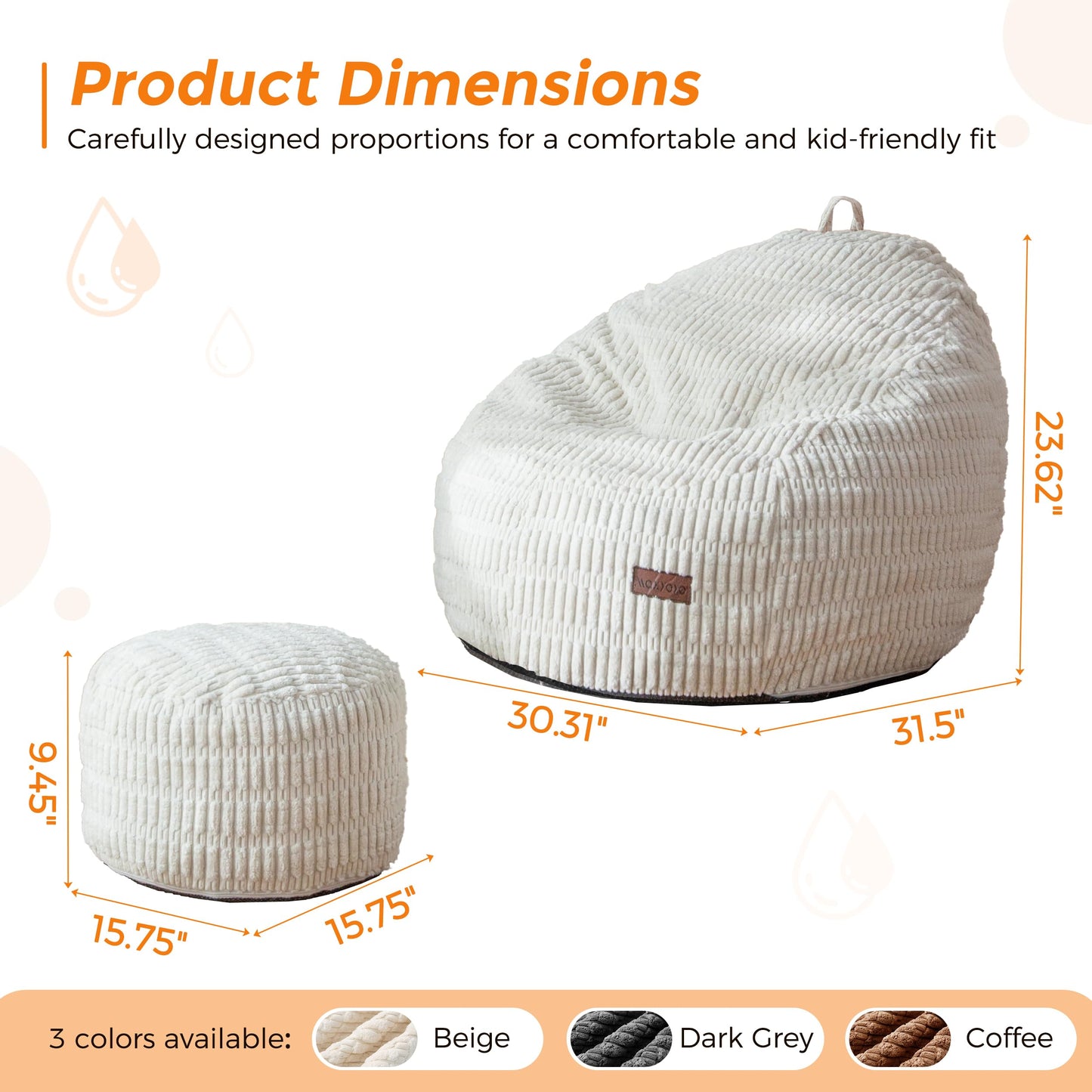 MAXYOYO Kids Bean Bag Chair with Ottoman, Soft Floor Bean Bag Sofa, Beige