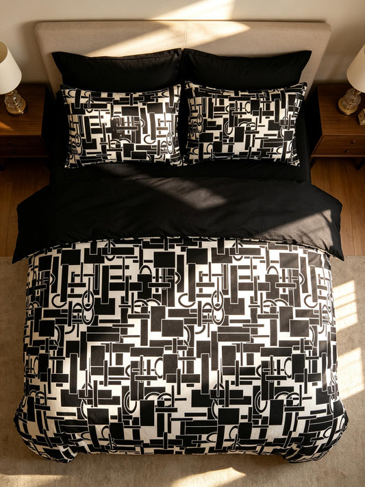 CCoutueChen Black Comforter Set Queen Size, Vintage Geometry Bedding Set with Black Back, Soft Reversible Summer Comforter for Teens Girls Bedroom Decor/90 x90
