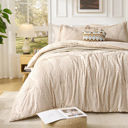 Jameswish 7 Pieces Tufted Boho Comforter Set Leaves Floral Khaki Farmhouse Shabby Chic Embroidered Bedding for All Seasons Queen Size with Comforter Sheets Pillowcases Shams