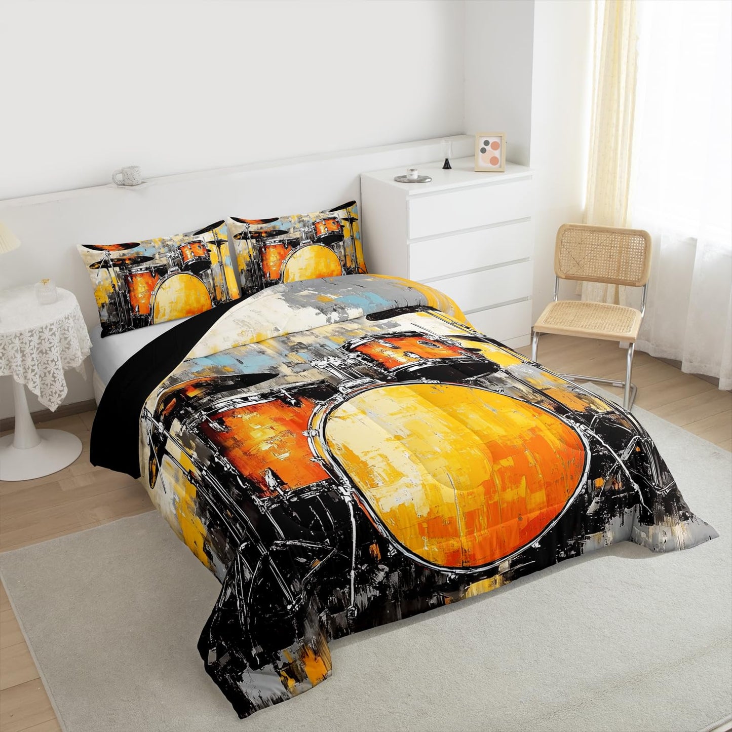 Erosebridal Drum Kit Comforter Set Queen Rock Music Instruments Bedding Set Watercolor Drum Kit Comforter for Kids Boys Girls,Drum Lovers Quilt Duvet