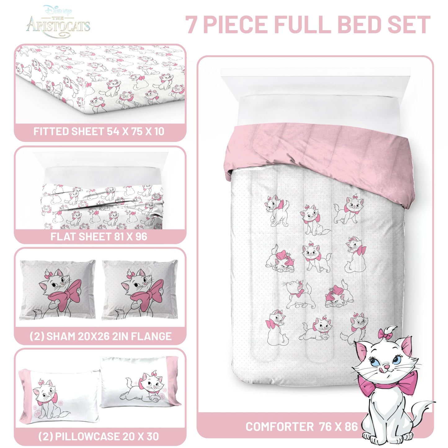 Jay Franco Kids Bed Set, White, Aristocats, 7 Piece Full