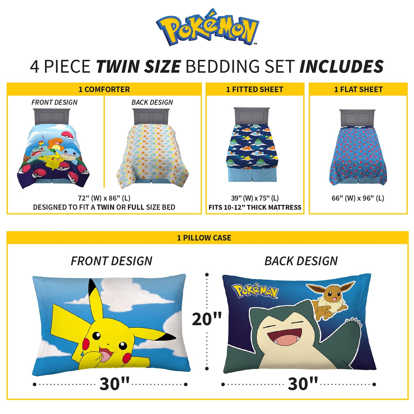 Franco Kids Bedding Super Soft Comforter and Sheet Set, 4 Piece Twin Size, Pokemon (Prints May vary)