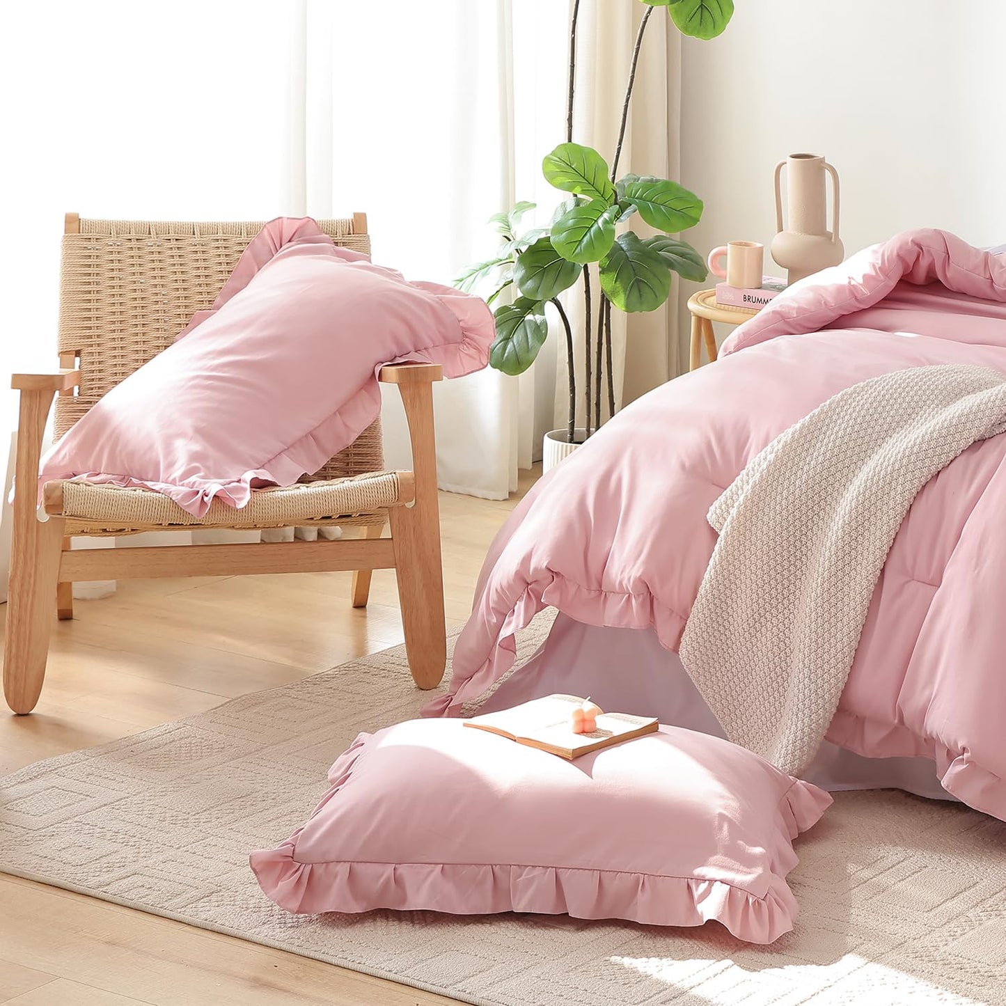 JANZAA Baby Pink Comforter Set Queen – Soft Microfiber, Lightweight All Season Bedding, Ruffle Shabby Chic Aesthetic, Breathable Cozy Bed Set with 2 Pillow Shams, Machine Washable