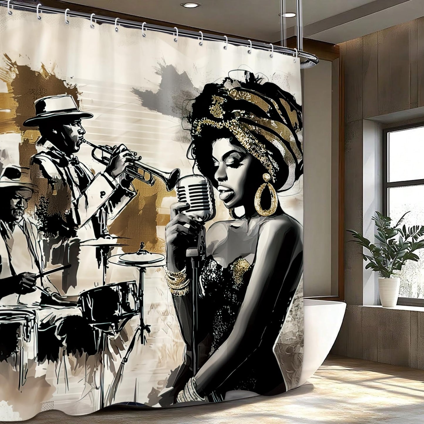 Glioown African American Shower Curtain 60Wx71L, Music Band Shower Curtains for Bathroom, Black Woman Lady Hippie Shower Curtain Set 12 Pack Hooks