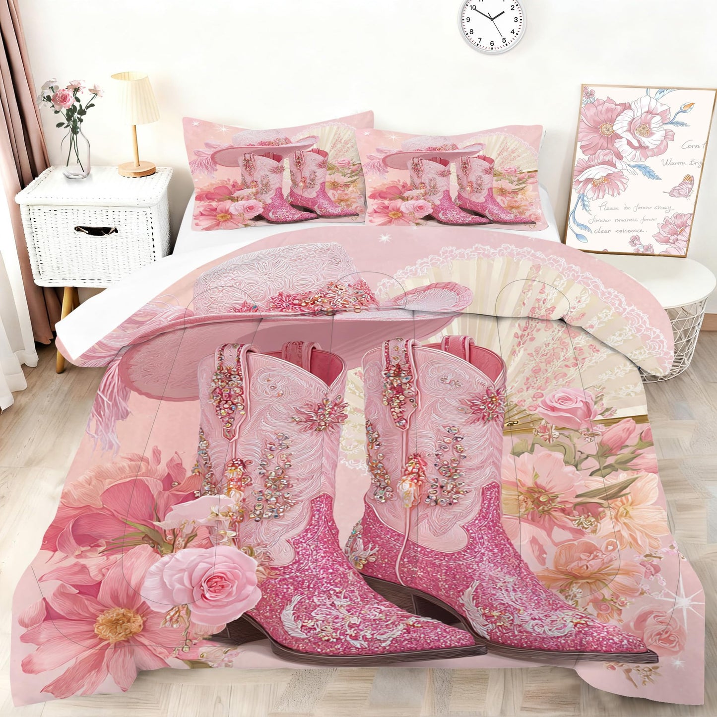 VTKON Pink Cowgirl Bedding Set Twin Size Western Cowgirl Comforter Set Girly Luxury Floral Lace Fan Print Bed Set Light Pink Flower Sweet Western Style Quilt Set with 1 Comforter + 1 Pillowcase