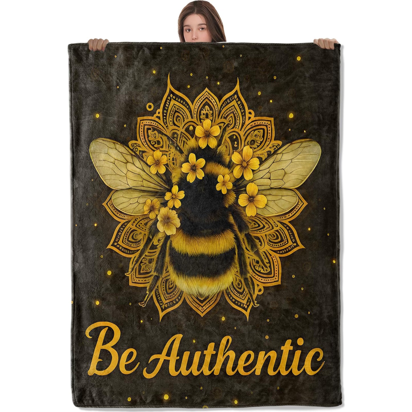Wanoryer Be Authentic Bee Blanket, Comfy & Warm Flannel Mandala Floral Bumblebee Throw Blanket for Couch, Gifts for Women Adults Kids, Soft Fuzzy Lightweight Travel Bed Blankets for Decor 50"×60"