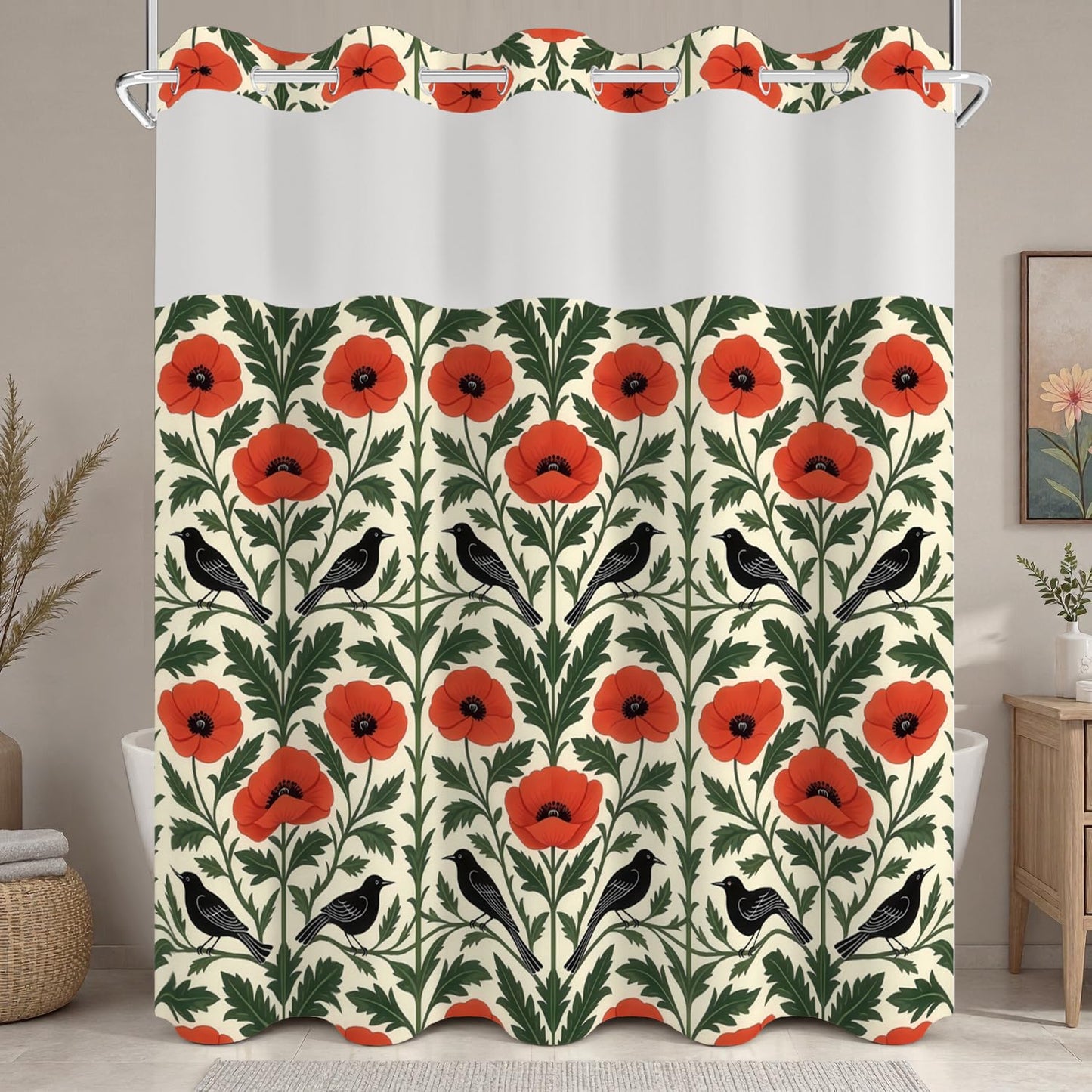 Xiazhilaio Gothic Floral & Bird Shower Curtain with Snap in Liner, 71Wx74L