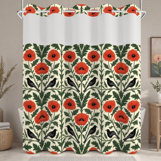 Xiazhilaio Gothic Floral & Bird Shower Curtain with Snap in Liner, 71Wx74L