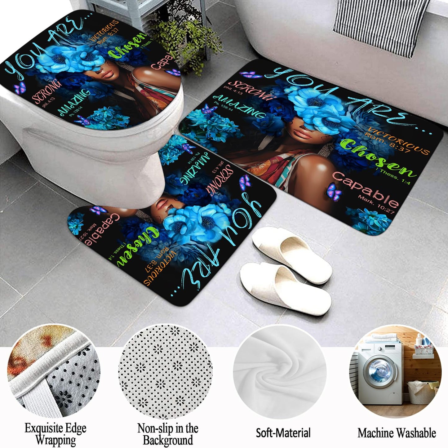 Omebero Black African Flower Woman Shower Curtain Set, Blue Art Words Bathroom Set with Shower Curtain and Rugs, Toilet Lid Cover, Bath Mat,Waterproof Fabric Shower Curtains and Hooks for Bathroom