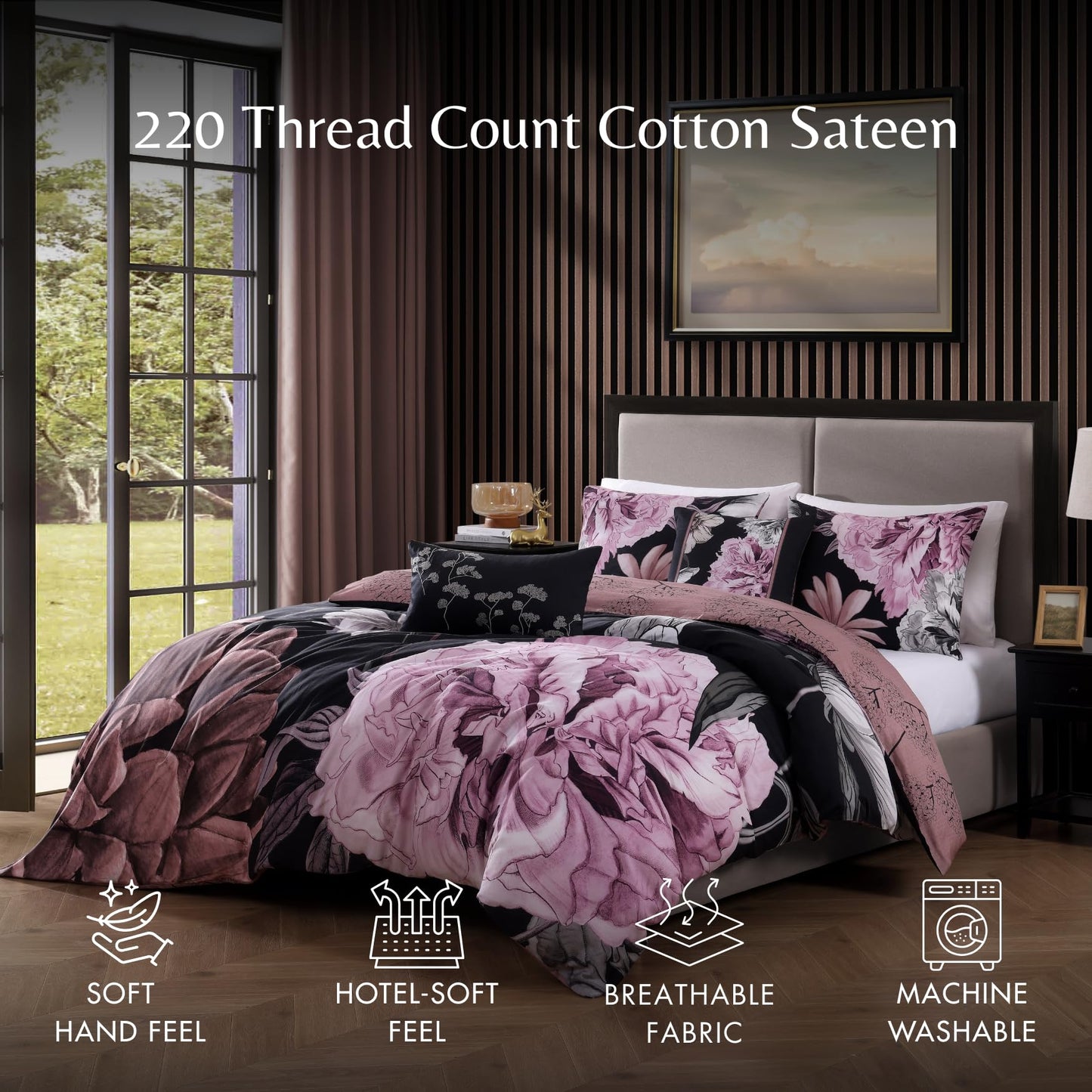 Bebejan Midnight Meadow 5 Piece Comforter Set, 100% Cotton Sateen, 220 Thread Count, Black Reversible Bedding Comforter Set, 1 Comforter, 2 Shams & 2 Pillows (King/Cal King)