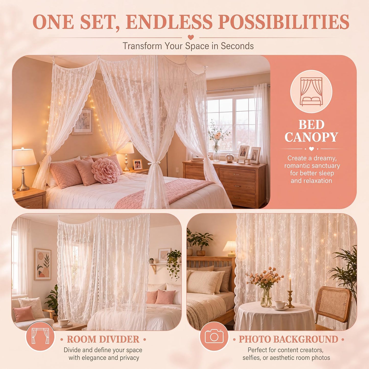 CrystalSylara 8 Panels Lace Bed Canopy Curtains with 10 Ceiling Hooks 40 x 84 and 30 x 84 Inch Curtains for Queen Size Bed Dorm Bedroom No Drill Romantic White Lace Canopy Tie Top DIY Setup