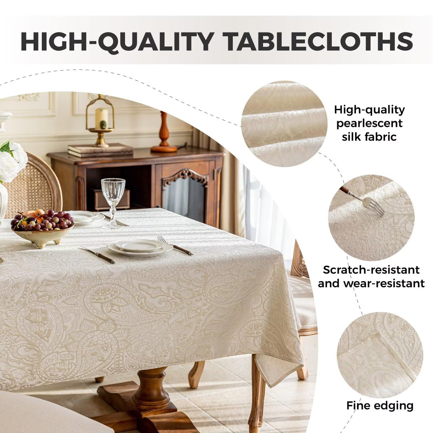 Jaysydd Jacquard Rectangle Tablecloth, Waterproof Elegant Damask Curly Floral Pattern Table Cloth, Washable Decorative Table Cover for Kitchen/Dining/Parties - Champagne, 57 x 70Inch
