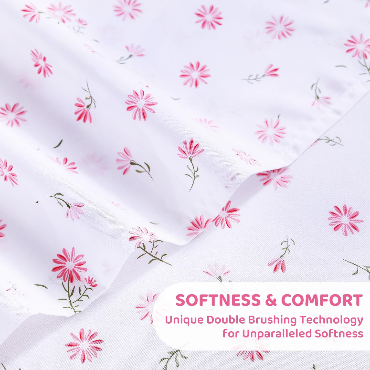 Mooreeke Cozy Vintage Microfiber Printed Floral Twin Sheet Set - Soft & Breathable Pink Daisy Bed Sheets with Extra Deep Pocket - Non-Slip Fitted Design - Daisy Pattern - Twin