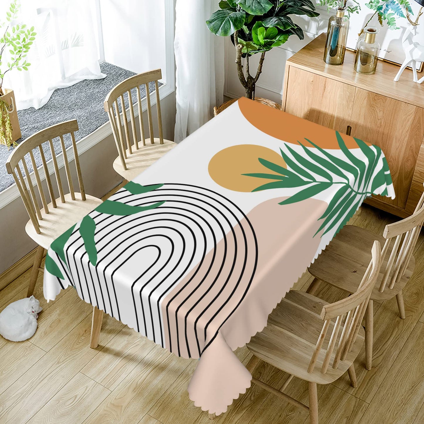 TTQYFNM 60x84inches Mid Century Modern Art Table Cloth Abstract Geometric Boho Rainbow Sun Green Leaves Tablecloths Waterproof and Wrinkle Free Table Cover for Dining Room Kitchen Patio Home Decor