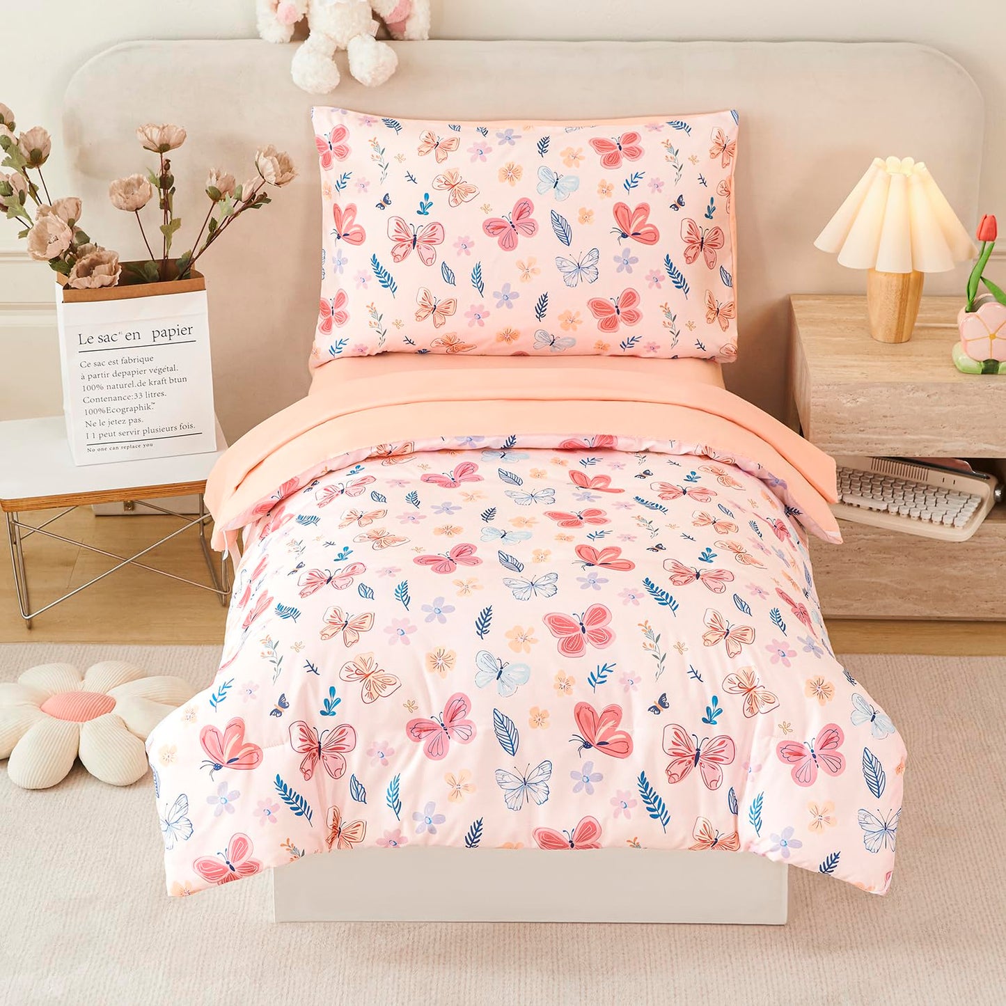 URBONUR Cute Butterfly Toddler Bedding Set for Girls, 4 Piece Bed-in-a-Bag Toddler Microfiber Comforter Sheet Set, Botanical Flowers Printed, All Season Easy Care