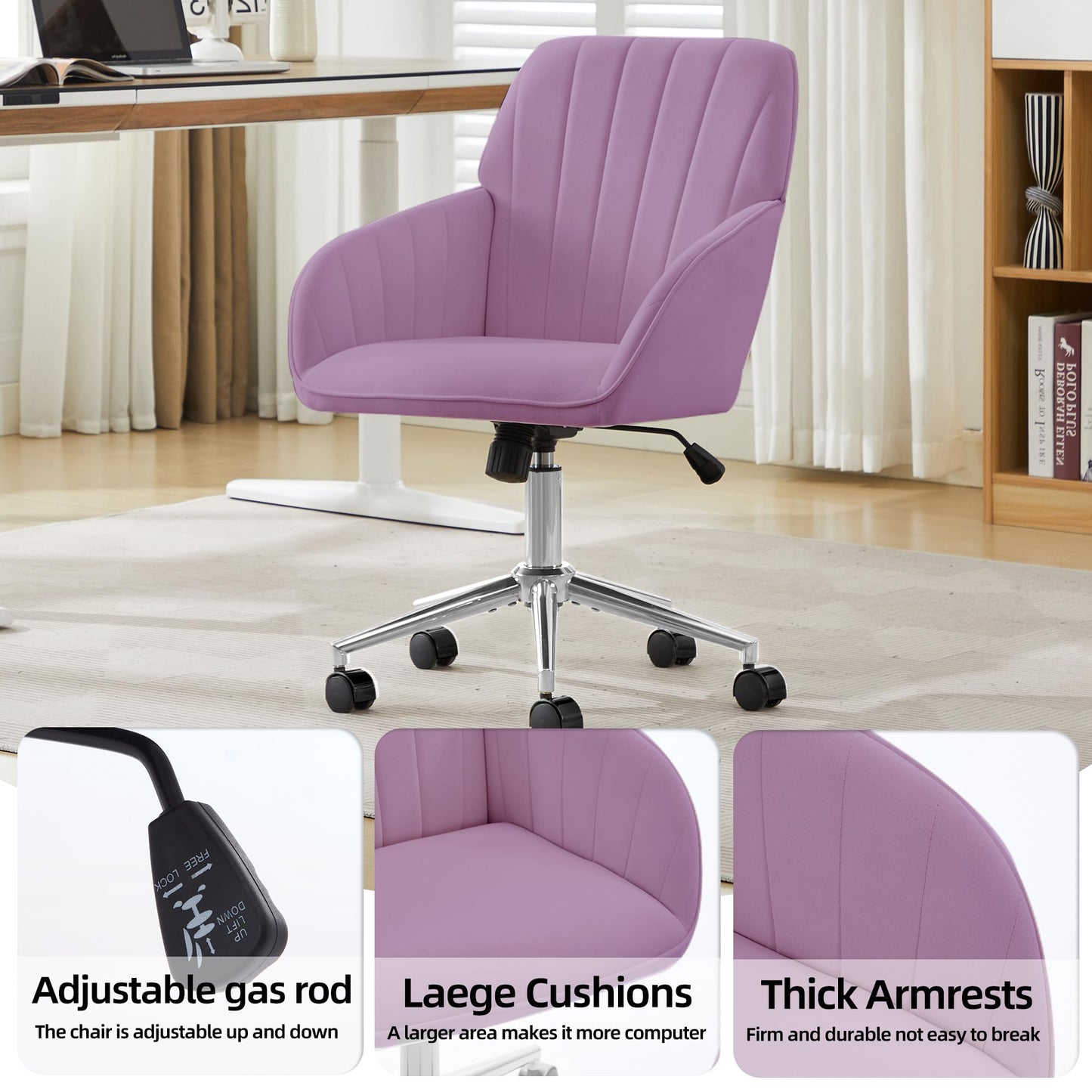 YITAI Velvet Office Desk Armchairs with Silver Base and Wheels,Modern Height Adjustable 360 Degree Swivel Upholstered Vanity Chairs for Living/Room Bedroom/Study,Light Purple