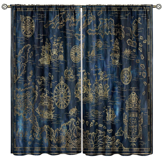 Nautical Sailboat Curtains, Vintage Ocean Sea Island Map Print Window Drapes, for Living Room Bedroom 42" W X 45" L (Decorative)
