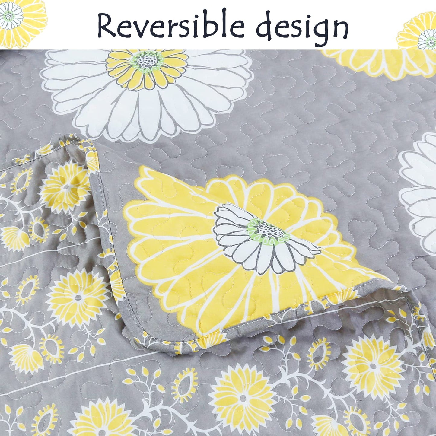 Cozy Line Home Fashions Yellow White Gray Daisy Sunflower Floral Reversible Quilt Bedding Set, Bedspread, Coverlet Lightweight for All Seasons (Sunflower, King - 3 Piece)