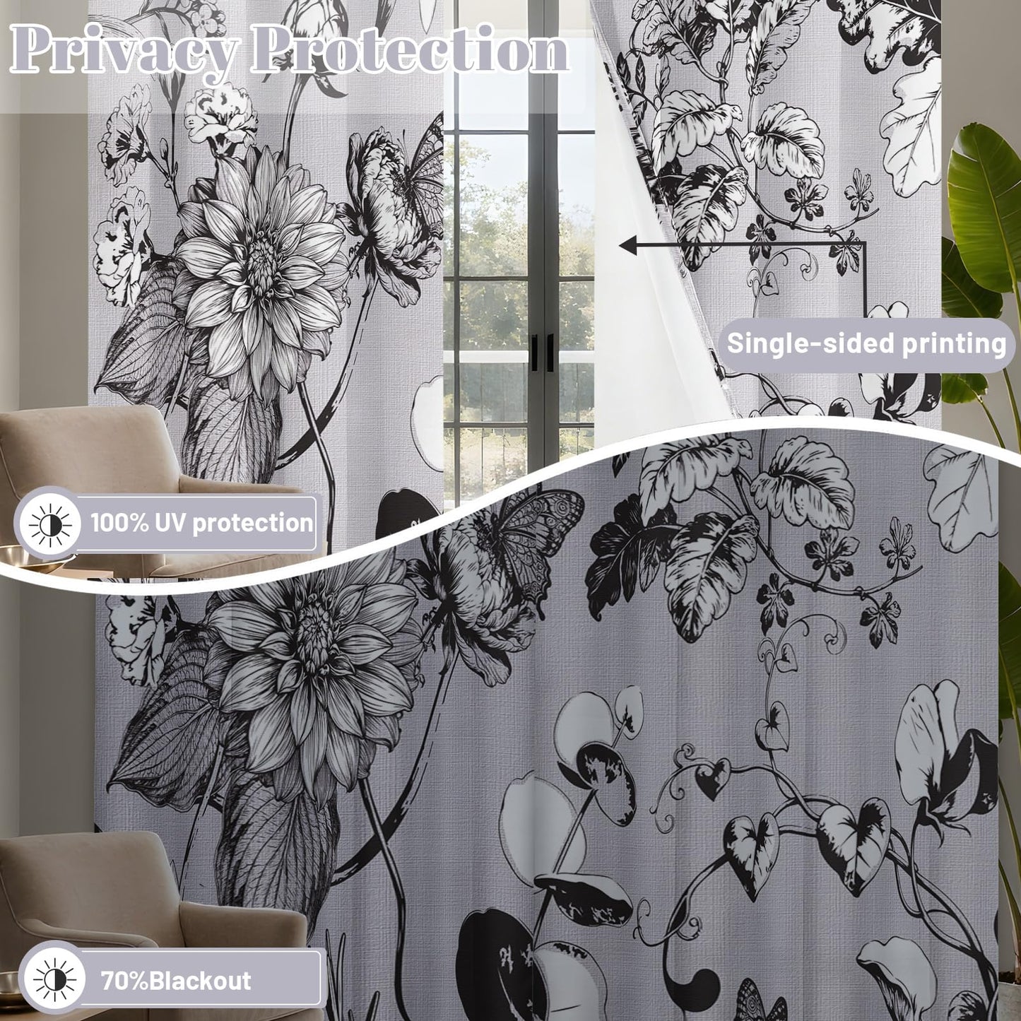 soeeao Light Grey Vintage Botanical Blackout Curtains Patterned Grey and White Floral Window Drapes for Bedroom Living Room, 84 inch Length 2 Panels Set, 52x84 inch