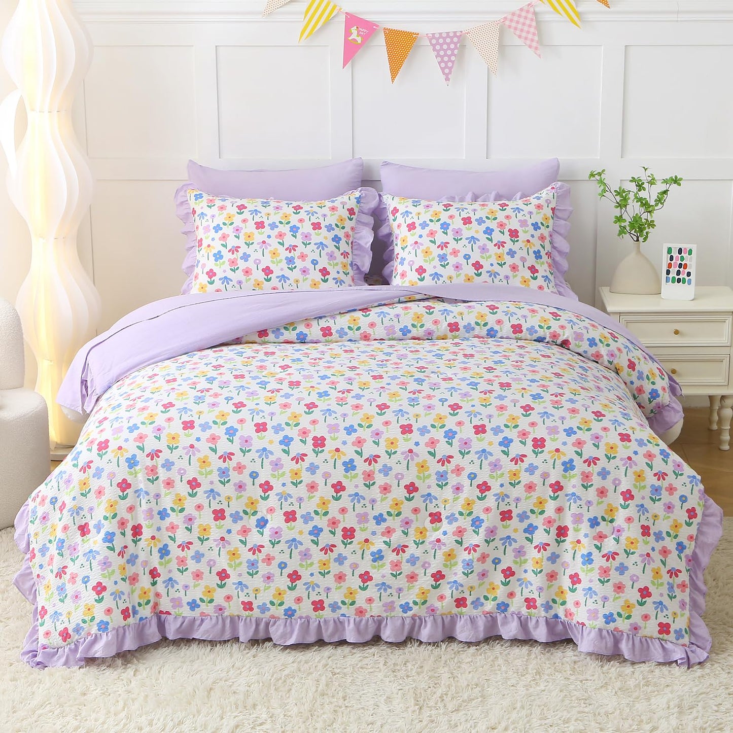 Gusuhome 7 Piece Girls Floral Bedding Set Twin/Full Size Reversible Comforter Bed in a Bag for Kids Soft Purple Floral Bedding with Sheets Bed Skirt Ruffled Floral Pillowcases for Teens Bedroom