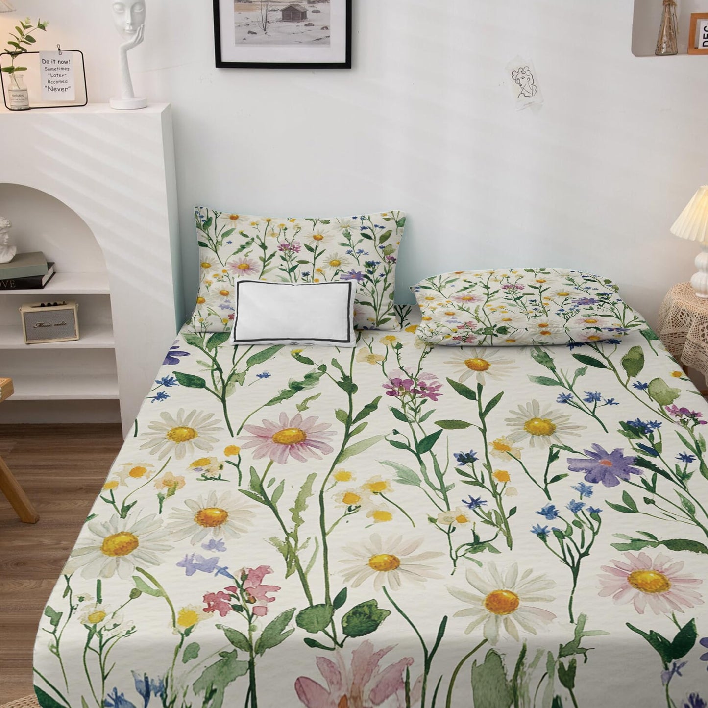 NOGAWA Botanical Floral Sheets Queen Size, Flower Bed Sheets, Green Leaf Bedding Sheets, Pillowcases 4 Piece Set, Microfiber Deep Pocket Fitted Sheet, Flat Sheet, 2 Pillow Cases
