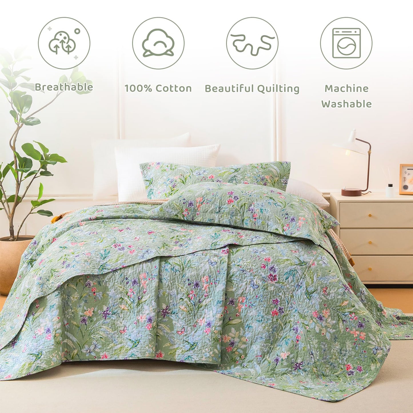 Sanracie Oversized King Bedspread(128"x120"),100% Cotton Green Floral Quilt Set 3Pcs Lightweight Flower Bird Butterfly Print Botanical Bedding Coverlet California King Size Extra Large Wide