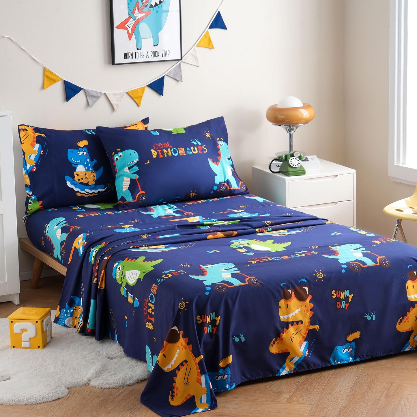 JSD Sports Dinosaur Kids Sheet Set Twin Size, 3 Piece Blue Printed Microfiber Sheets Deep Pocket