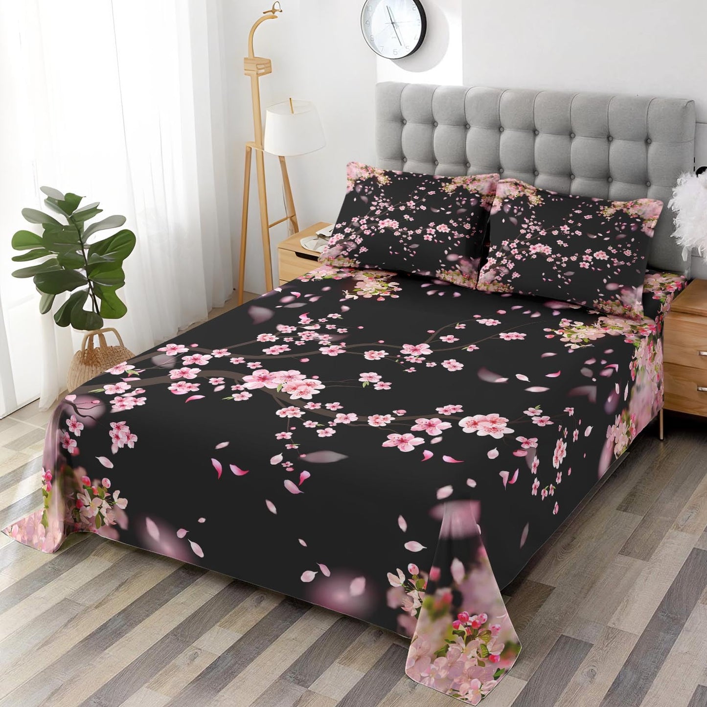 WeCozy Queen Size 4 Pcs Bed Fitted Sheet Set with 14" Deep Pocket, Blossom Cherry Flat Sheet Set for Kids and Adults, Pink Tree Flower Bedding with 2 Pillowcases for Bedroom Decor