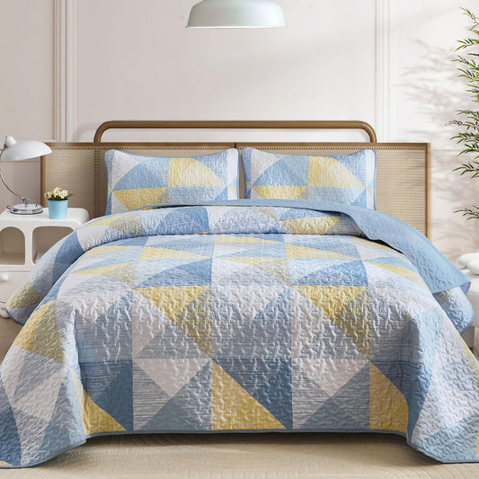 Dintszyayue Quilt Queen Size, 3 Pieces Patchwork Blue Yellow Bedspread Bedding, Soft Lightweight Microfiber Geometric Coverlet Set for All Spring Quilt with 2 Pillowcases90 x96