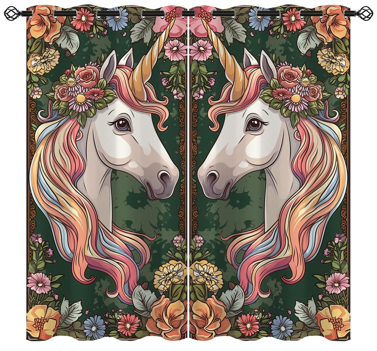 Unicorn Princess Blackout Curtains for Girls Boys Kids Teens Home Decor, Flowers Fantasy Art Unicorn Grommet Thermal Insulated Drapes Darkening Window Curtain for Bedroom Living Room, 42 x 45 Inch