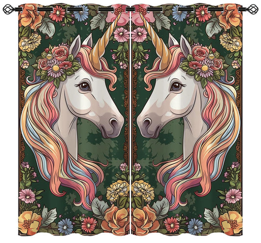 Unicorn Princess Blackout Curtains for Girls Boys Kids Teens Home Decor, Flowers Fantasy Art Unicorn Grommet Thermal Insulated Drapes Darkening Window Curtain for Bedroom Living Room, 42 x 45 Inch