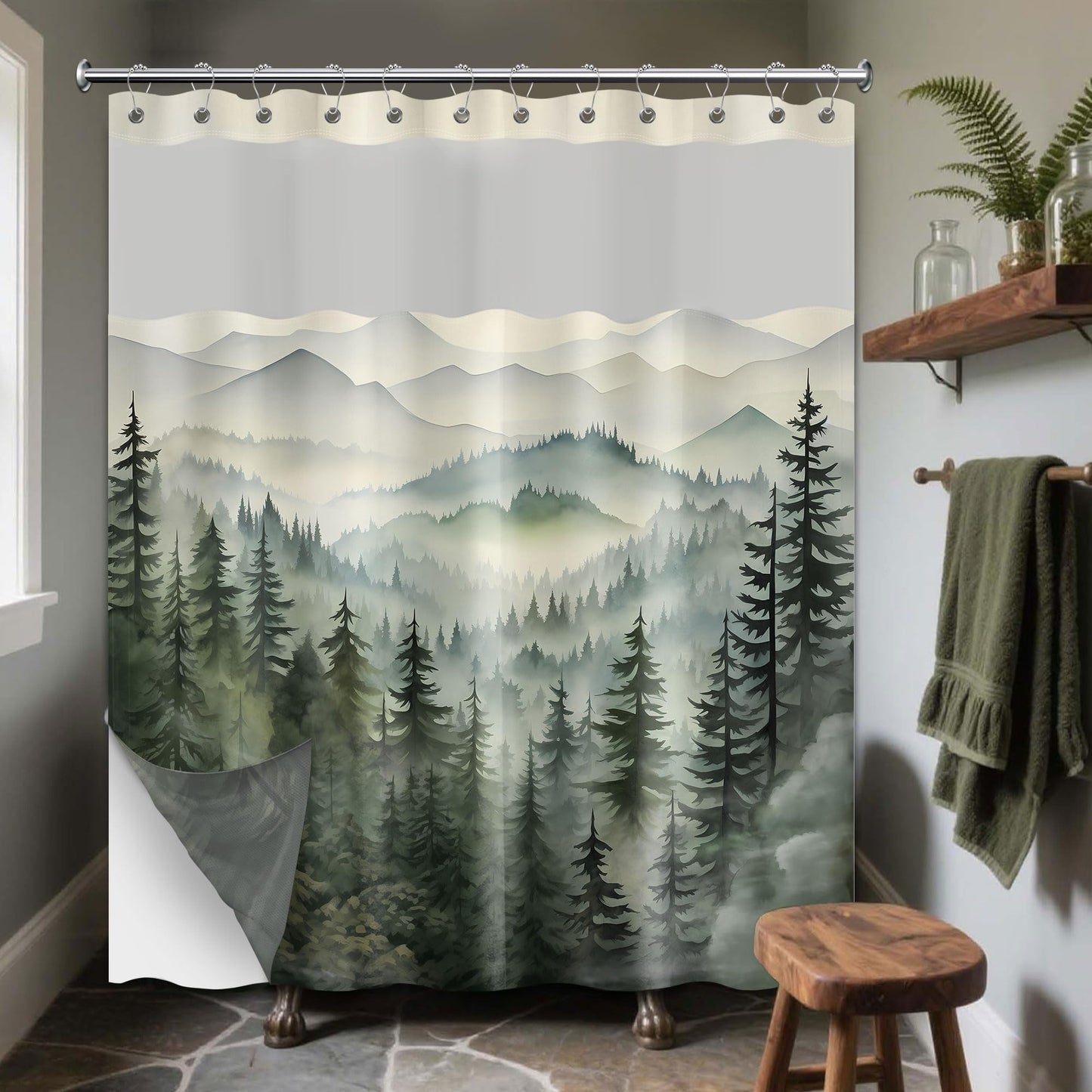 soeeao Forest See Through Mesh Top Shower Curtain with Window, Nature Mountain Double Layer Shower Curtains with Snap in Liner with Magnets, Waterproof Cloth Fabric with Hooks, 71" W x 72" L