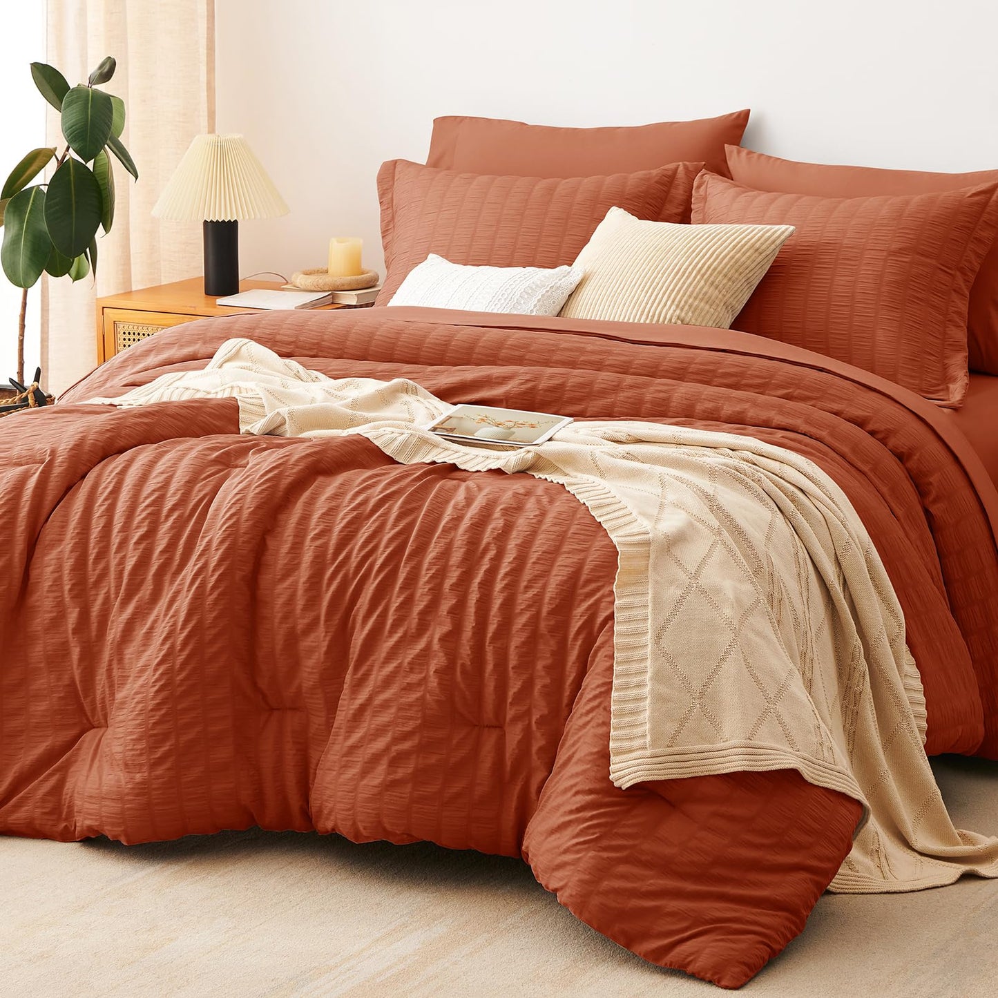 CozyLux Queen Comforter Set Burnt Orange, 7 Pieces Seersucker Textured Luxury Bed in a Bag, Terracotta All Seasons Bedding Sets with Down Alternative Comforter, Sheets, Pillowcases & Shams, Home Gift