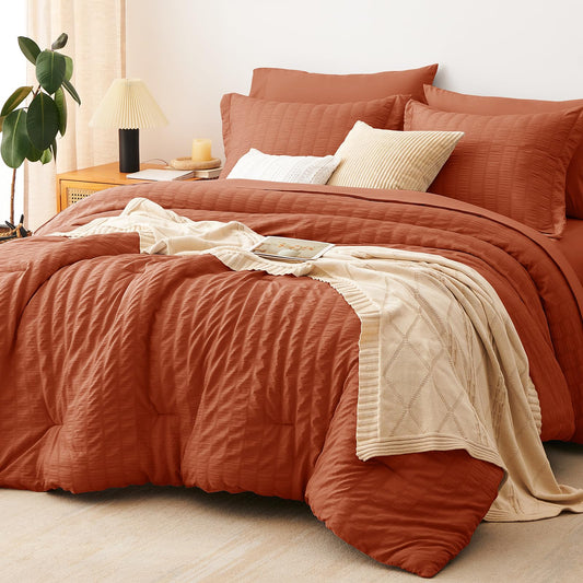 CozyLux Queen Comforter Set Burnt Orange, 7 Pieces Seersucker Textured Luxury Bed in a Bag, Terracotta All Seasons Bedding Sets with Down Alternative Comforter, Sheets, Pillowcases & Shams, Home Gift