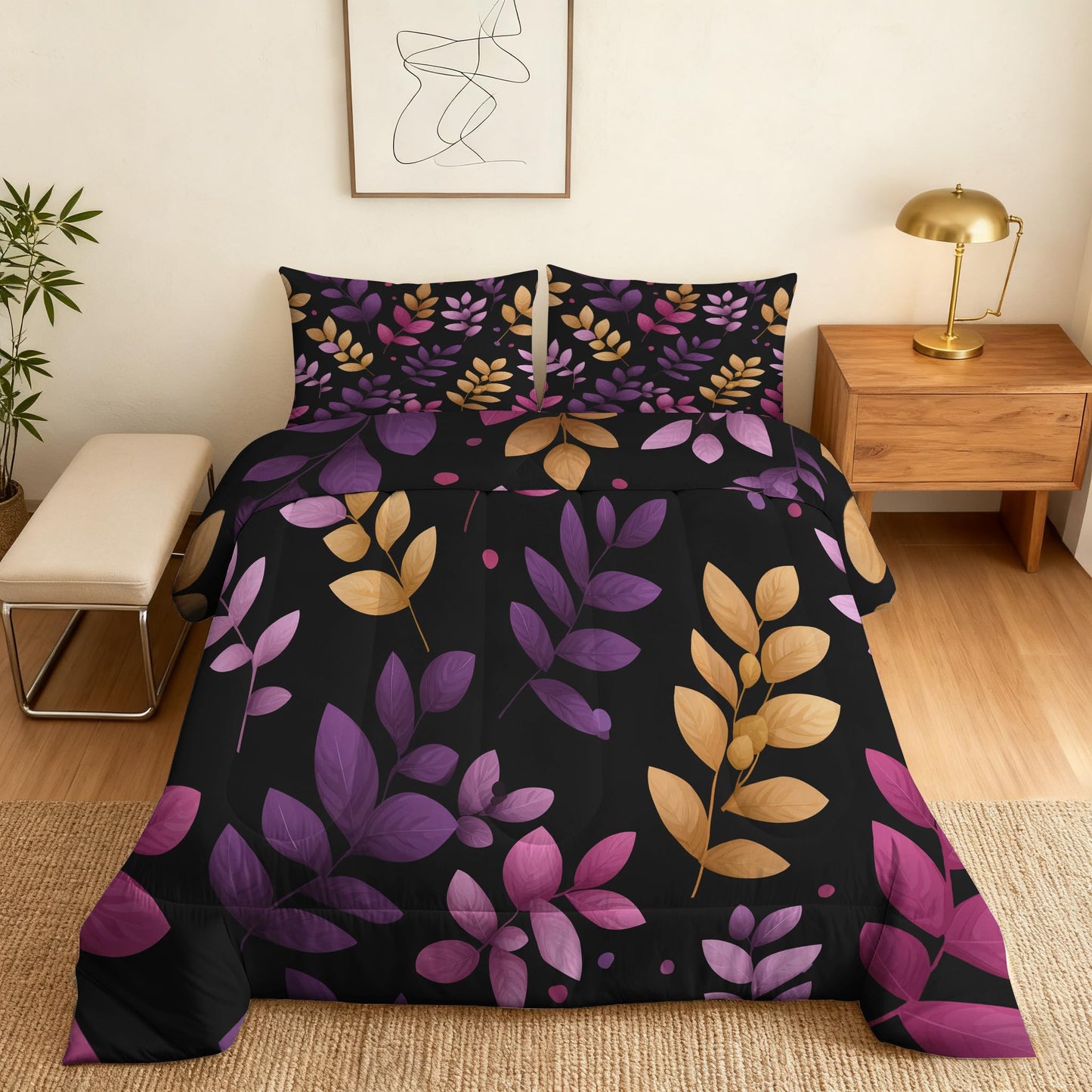 Flumoxa Branch Comforter Set King, Purple Yellow Leaf Comforter Down Alternative All Season Bedding, Branch Bed Sets King Size with Pillowcase, Bedroom Decor