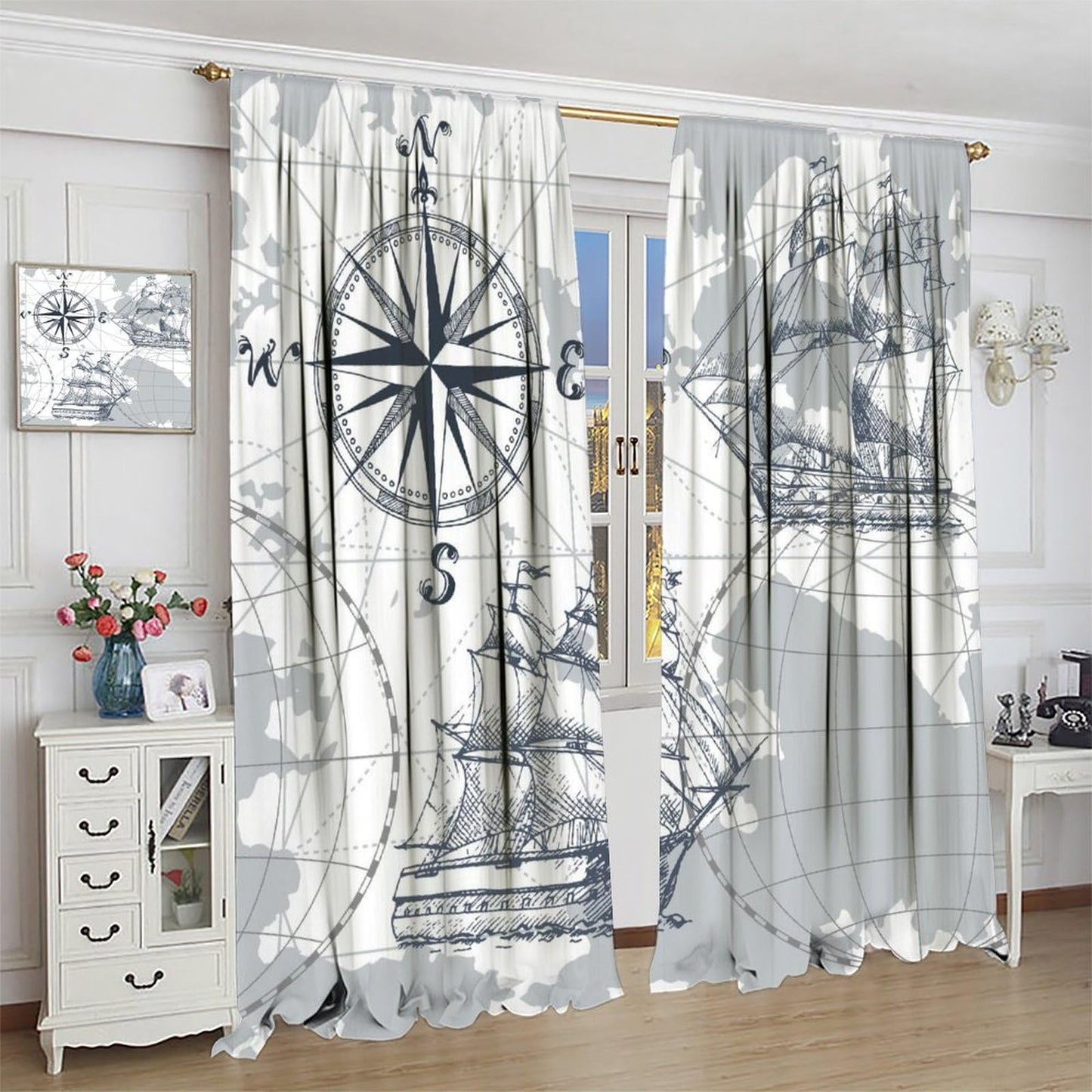 XBDDZSW Nautical Sailboat Map Curtains Sketch Pirate Ship Wheel Compass Starfish Coral Reef Nautical Map Pattern Print Window Drapes for Bedroom Living Room Kitchen Decor,2 Panel Set,42x45 Inch Decor