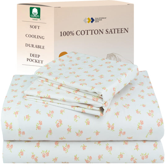 California Design Den Floral Pattern Bed Sheet Set Queen Size, 100% Cotton Sateen Deep Pocket Queen Sheets & Pillowcase Set - Chic Floral