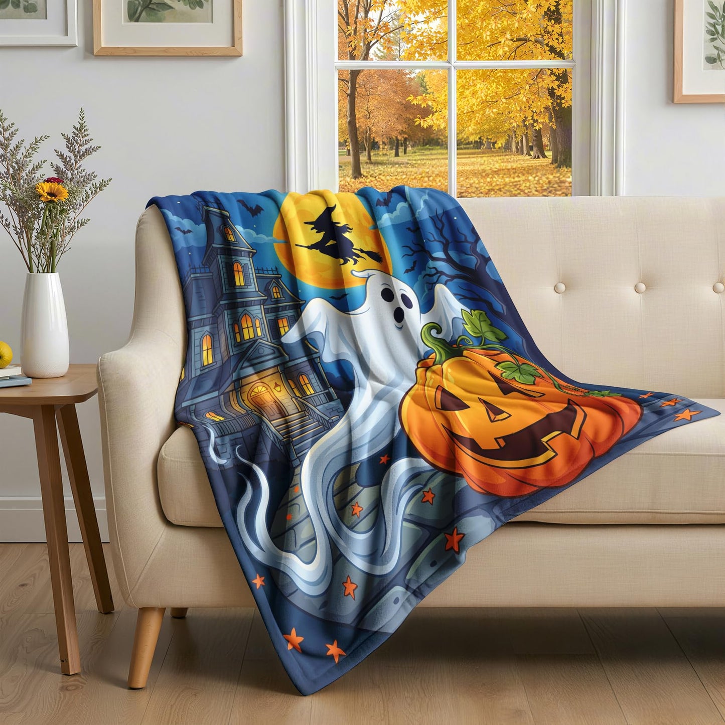GEDAEUBA Halloween Blankets and Throws - Spooky Ghost Pumpkin Witch Bat Castle Fleece Blanket Full Size, Soft Cozy Blankets & Throws for Couch, Bed, and Sofa, 84x90 inches