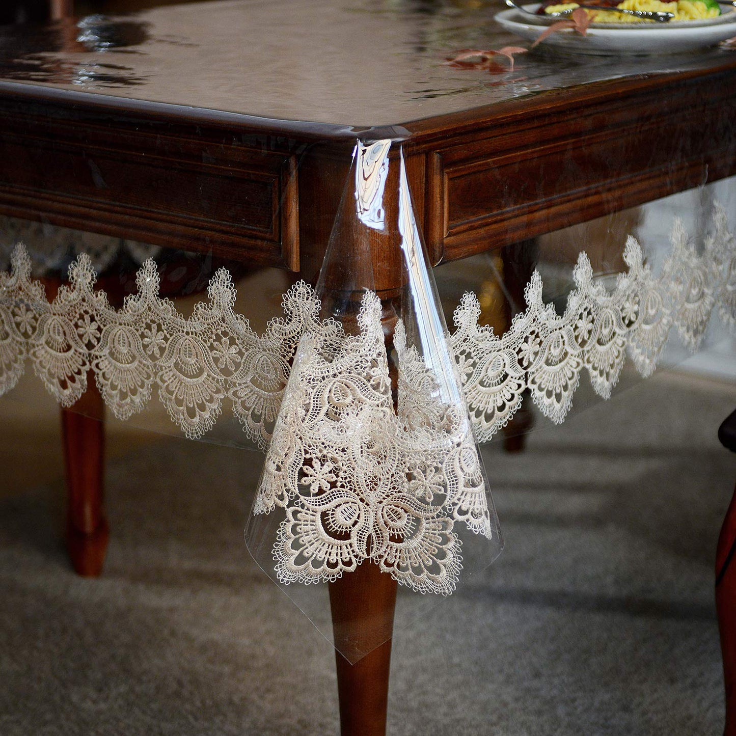 SUTAVIA Vinyl Tablecloth 100% Waterproof lace Tablecloth Environmentally PVC Oil Proof Table Protector Oblong Transparent TableCover for Home Dining Table Parties(Gold, 60"x84")