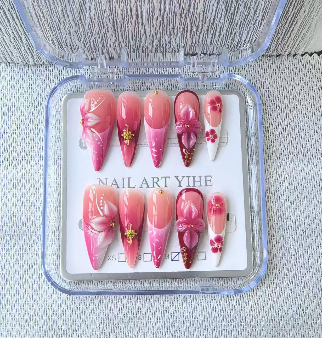 Long Stiletto Press on Nails Handmade False Nails French Tip Fake Nails with 3D Flower Designs Sparkly Red luxury Artificial Nails for Women 10pcs (Size M）